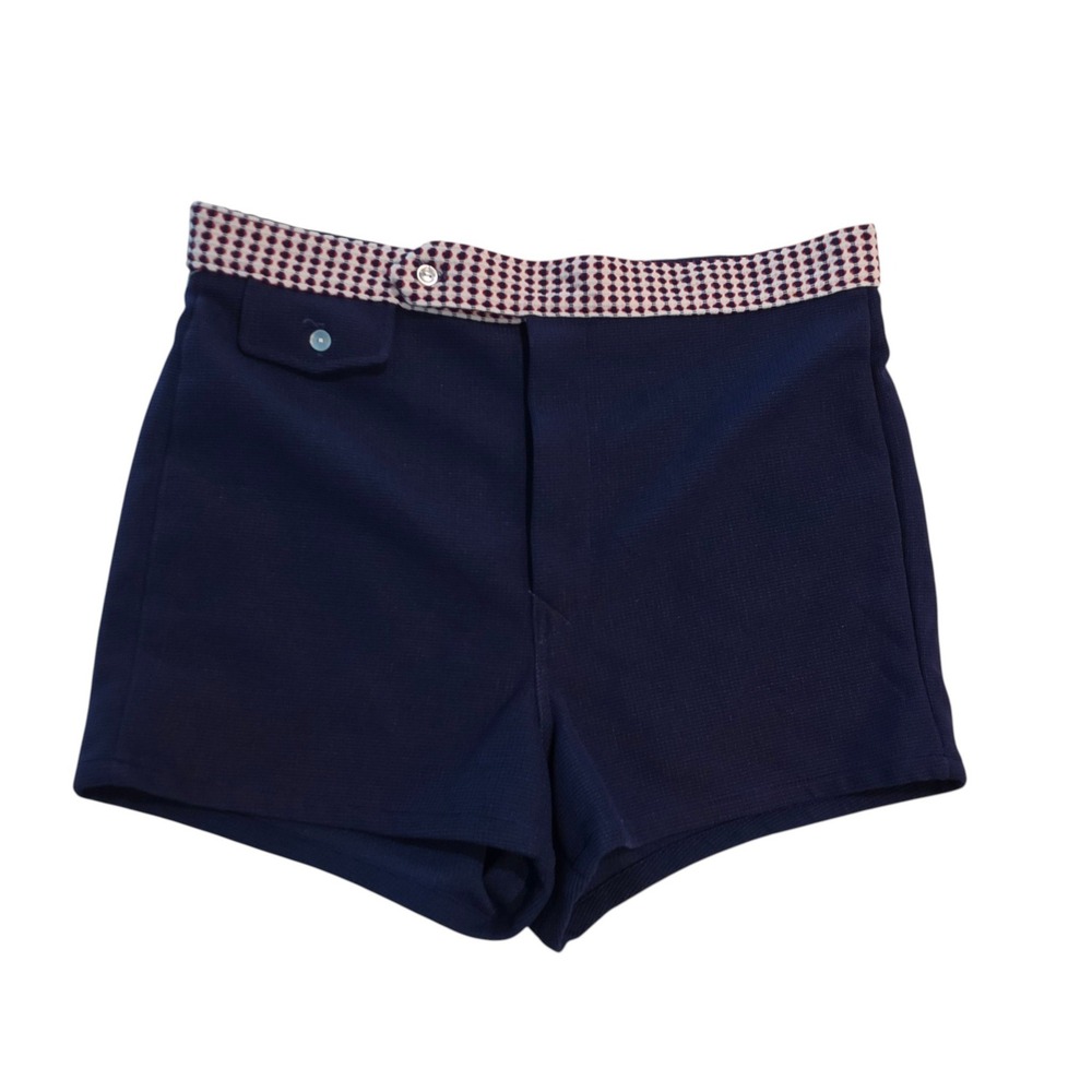 Vintage Mens 70s Knit Shorts Swim Trunks Blue Textured Patterned Waistband 33